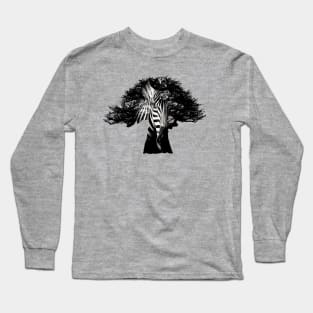 Baobab in Silhouette with Zebra Face Overlay Long Sleeve T-Shirt